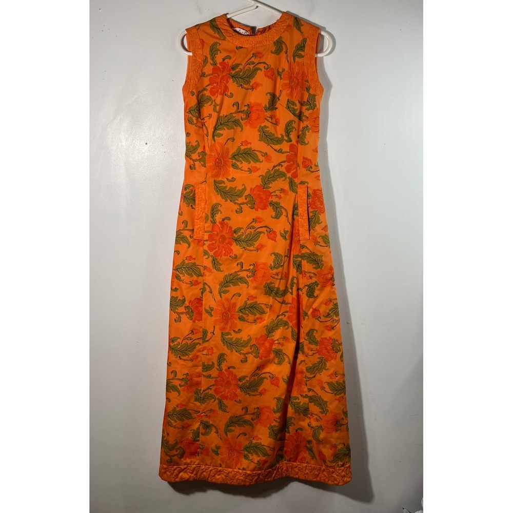 Vintage 60s MCM Charles & Co Sleeveless Floral Maxi Dress Orange Hong Kong S